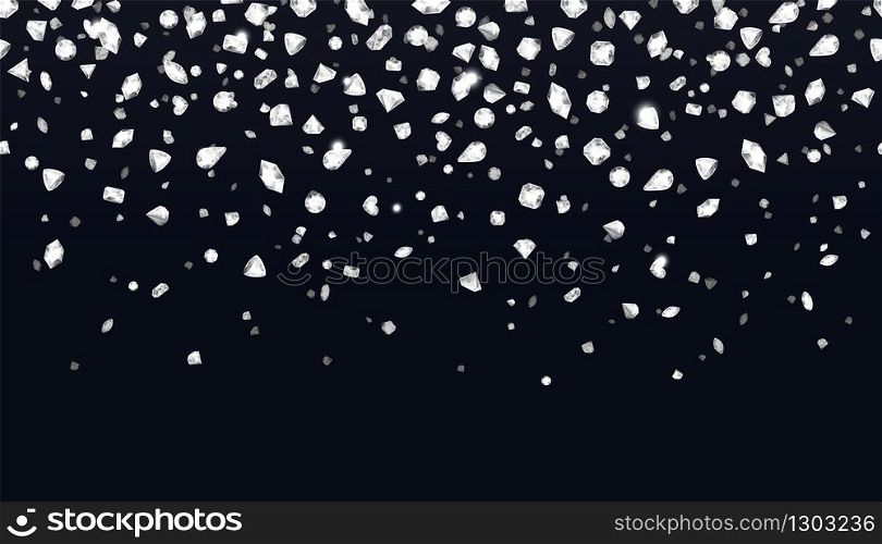 Falling diamonds. Pattern background with realistic 3D transparent gems isolated on white. Vector luxury transparent stones with shiny edges of different shapes for fashion illustrations. Falling diamonds. Pattern background with realistic 3D transparent gems isolated on white. Vector luxury stones with shiny edges of different shapes