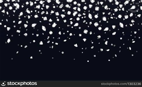 Falling diamonds. Pattern background with realistic 3D transparent gems isolated on white. Vector luxury transparent stones with shiny edges of different shapes for fashion illustrations. Falling diamonds. Pattern background with realistic 3D transparent gems isolated on white. Vector luxury stones with shiny edges of different shapes