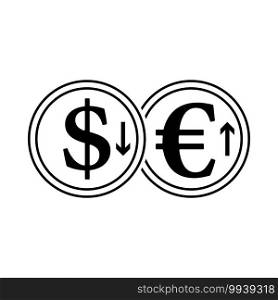 Falling Dollar And Growth Up Euro Coins Icon. Black Glyph Design. Vector Illustration.