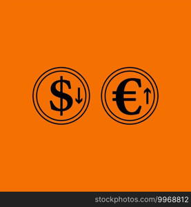 Falling Dollar And Growth Up Euro Coins Icon. Black on Orange Background. Vector Illustration.