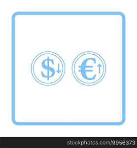 Falling Dollar And Growth Up Euro Coins Icon. Blue Frame Design. Vector Illustration.
