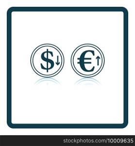 Falling Dollar And Growth Up Euro Coins Icon. Square Shadow Reflection Design. Vector Illustration.