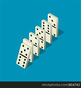 Falling dominoes. Domino effect, chain reaction and disaster business vector concept. Action and reaction to balance business, chain row, disaster strategy illustration. Falling dominoes. Domino effect, chain reaction and disaster business vector concept