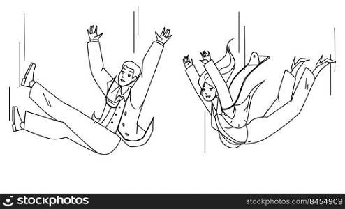 Falling Down Business People Man And Woman Vector. Businessman And Businesswoman In Formalwear Falling Togetherness. Characters Downfall In Professional Occupation black line illustration. Falling Down Business People Man And Woman Vector