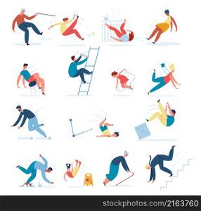 Falling down people from chair or stairs. Vector man down, people injury after drop, slip unbalance and downfall illustration. Falling down people from chair or stairs