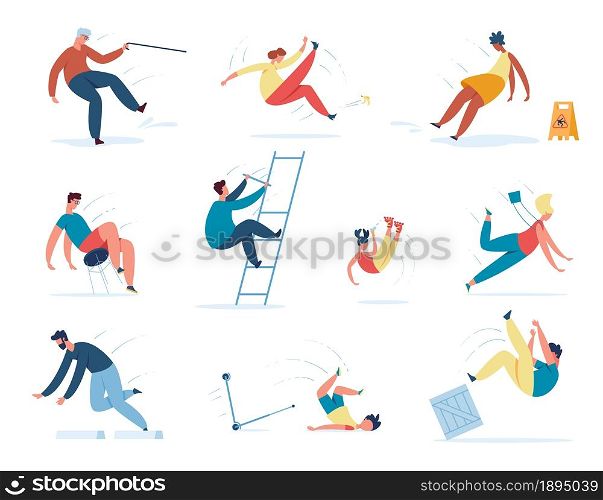 Falling down people, kids and elderly characters stumble or fall. Men and women slipping on wet floor, tripping over stone vector set. Children having accidents o scooter, roller skaters. Falling down people, kids and elderly characters stumble or fall. Men and women slipping on wet floor, tripping over stone vector set