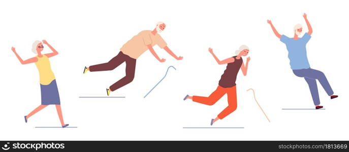 Falling elderly people. Old woman man stumble and slip. Dangerous trauma of seniors, healthcare and safety. Traumatic accident isolated characters vector illustration. Old elderly falling accident. Falling elderly people. Old woman man stumble and slip. Dangerous trauma of seniors, healthcare and safety. Traumatic accident isolated characters vector illustration