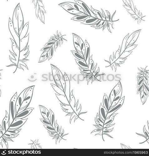 Falling feathers on a white background, seamless pattern. Gray weightless bird feathers continuous pattern. Template for fabric, packaging and wallpaper, vector illustration.. Falling feathers on a white background, seamless pattern.