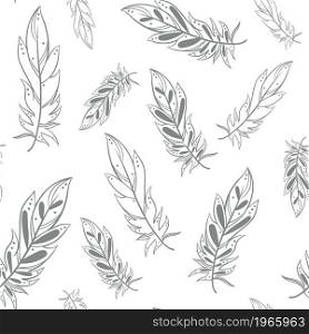 Falling feathers on a white background, seamless pattern. Gray weightless bird feathers continuous pattern. Template for fabric, packaging and wallpaper, vector illustration.. Falling feathers on a white background, seamless pattern.