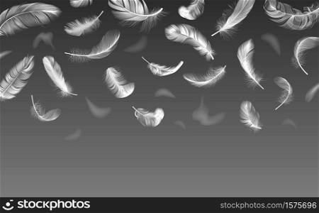 Falling feathers. Realistic twirled fluffy feathers, white fluffy angel wings feather flow, floating bird plumage vector background illustration. Floating white swan fluffy lightweight. Falling feathers. Realistic twirled fluffy feathers, white fluffy angel wings feather flow, floating bird plumage vector background illustration