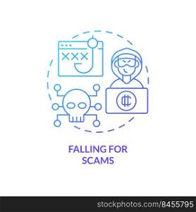 Falling for scams blue gradient concept icon. Beware of frauds. Risks. Common crypto mistake abstract idea thin line illustration. Isolated outline drawing. Myriad Pro-Bold font used. Falling for scams blue gradient concept icon