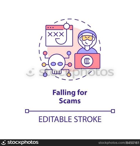Falling for scams concept icon. Beware of frauds. Common crypto mistake abstract idea thin line illustration. Isolated outline drawing. Editable stroke. Arial, Myriad Pro-Bold fonts used. Falling for scams concept icon
