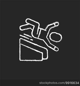 Falling from height chalk white icon on black background. Fall risks. Home accidents. Slippery wet surfaces. Basement stairway. Fall-related injuries. Isolated vector chalkboard illustration. Falling from height chalk white icon on black background
