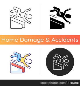 Falling from height icon. Fall risks. Home accidents. Slippery wet surfaces. Basement stairway. Fall-related injuries. Linear black and RGB color styles. Isolated vector illustrations. Falling from height icon