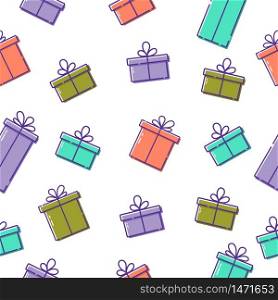 Falling gifts seamless pattern. Falling down surprise box for happy event. Gift box for card in hand drawn style. Giftbox for packaging on white background. Textile wallpaper. vector illustration. Falling gifts seamless pattern. Falling down surprise box for happy event. Gift box for card in hand drawn style. Giftbox for packaging on white background. Textile wallpapers. vector illustration
