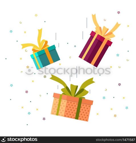 Falling gifts with bows and firework. Falling down surprise box for happy event. Flat gift box icon for sale, award. vector giftbox with ribbon. Design illustration of happy flying gift on birthday. Falling gift with bows and firework. Falling down surprise box for happy event. Flat gift box icon for sale, award. vector line style giftbox with ribbon. Design illustration of happy flying gift