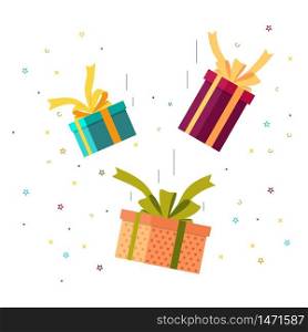 Falling gifts with bows and firework. Falling down surprise box for happy event. Flat gift box icon for sale, award. vector giftbox with ribbon. Design illustration of happy flying gift on birthday. Falling gift with bows and firework. Falling down surprise box for happy event. Flat gift box icon for sale, award. vector line style giftbox with ribbon. Design illustration of happy flying gift