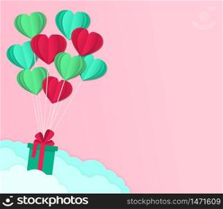 Falling gifts wtih ballon hearts for valentines day. Happy day card on paper cut, origami style. Greeting decoration of hearts for love background. Birthday banner. Travel flyer. vector illustration. Falling gifts wtih ballon hearts for valentines day. Happy day card on paper cut, origami style. Greeting decoration of hearts for love background. Birthday banner. Travel flyer. vector