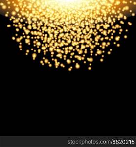 Falling glow gold particles on black background. Luxury design. Holiday, nightclub, party card. Vector illustration
