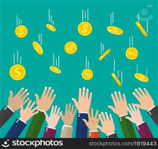 Falling gold coins and hands. Money rain. Golden coins with dollar sign. Growth, income, savings, investment. Symbol of wealth. Business success. Vector illustration in flat style. Falling gold coins and hands.