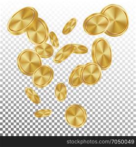 Falling Gold Coins Vector. Flying Realistic Golden Coins Explosion. Transparent Background. Casino Prize Money Fortune Flow Jackpot.. Gold Coins Rain Vector. Realistic Gold Coins Explosion Falling Down. Transparent Background. Symbol Wealth, Profit. Cash