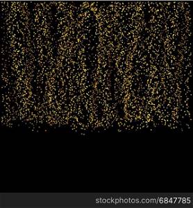 Falling gold particles on black background. Luxury design. Holiday, nightclub, party card. Vector illustration