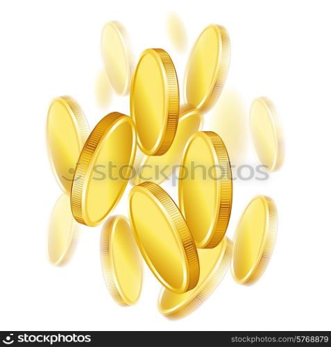 Falling gold shiny coins on white background.. Falling gold shiny coins on white background