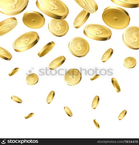 Falling golden coins. Gold money rain, fall from upper border, dollar cash profits, casino prize, realistic metal cents, gambling games success, vector realistic isolated on white background concept. Falling golden coins. Gold money rain, fall from upper border, dollar cash profits, casino prize, realistic metal cents, gambling games success, vector realistic isolated concept