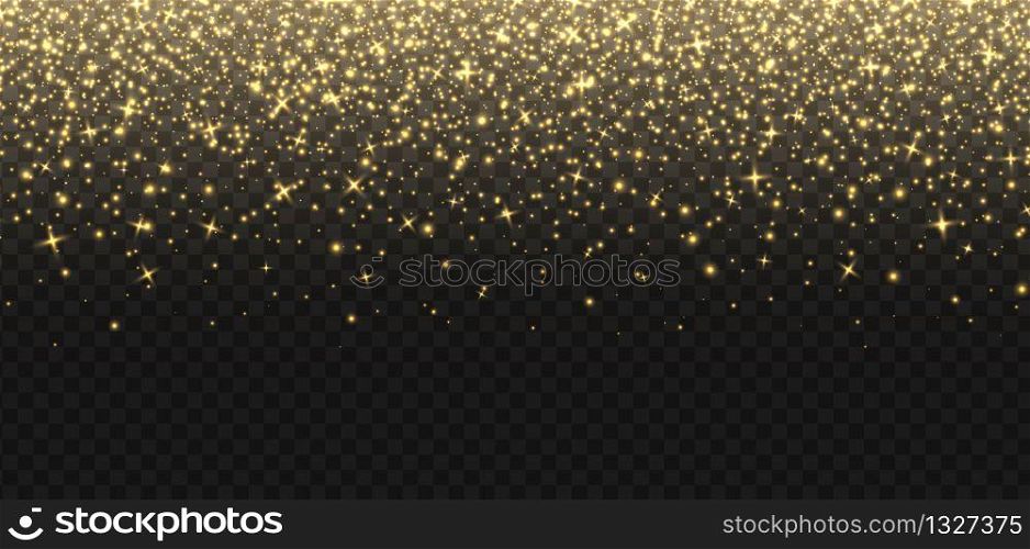 Falling golden sparkles, abstract luminous particles, yellow stardust isolated on a dark background. Flying Christmas glares and sparks. Luxury backdrop. Vector illustration.. Falling golden sparkles, abstract luminous particles, yellow stardust. Flying Xmas glares and sparks. Luxury background.