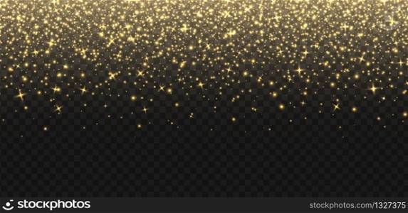 Falling golden sparkles, abstract luminous particles, yellow stardust isolated on a dark background. Flying Christmas glares and sparks. Luxury backdrop. Vector illustration.. Falling golden sparkles, abstract luminous particles, yellow stardust. Flying Xmas glares and sparks. Luxury background.