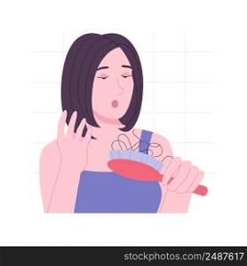 Falling hair isolated cartoon vector illustrations. Sad girl having problem with hair falling, standing in front of mirror, people lifestyle, home treatment, women daily rituals vector cartoon.. Falling hair isolated cartoon vector illustrations.