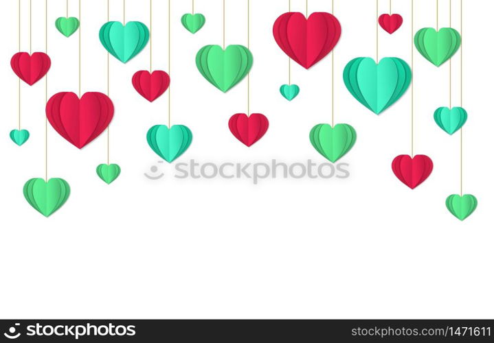 Falling heart for valentines day. Happy day card on paper cut, origami style. Greeting decoration of beautiful hearts for love. Birthday banner for text on white background. Design vector illustration. Falling heart for valentines day. Happy day card on paper cut, origami style. Greeting decoration of beautiful hearts for love. Birthday banner for text on white background. vector illustration