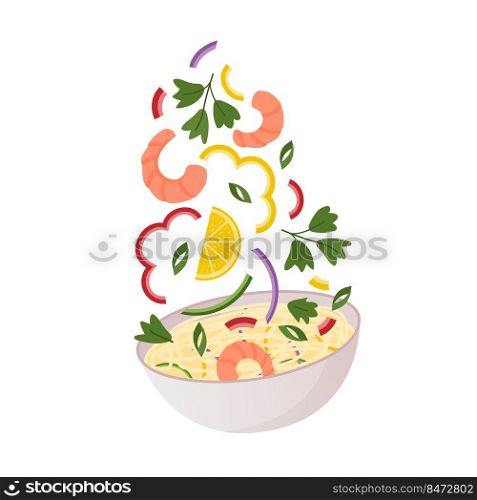 Falling meal. Japanese traditional noodle and rice ingredients falling in bowl. Vector flying vegetables bowl seafood ingredients salad. Falling meal. Japanese traditional noodle and rice ingredients falling in bowl. Vector flying vegetables