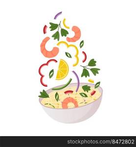 Falling meal. Japanese traditional noodle and rice ingredients falling in bowl. Vector flying vegetables bowl seafood ingredients salad. Falling meal. Japanese traditional noodle and rice ingredients falling in bowl. Vector flying vegetables