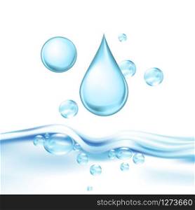 Falling Mineral Water Drop And Air Bubbles Vector. Drinking Crystal Clear Water For Quenching Thirst, Fresh Aqua Wavy Transparent Purity Nature Liquid. Concept Template Realistic 3d Illustration. Falling Mineral Water Drop And Air Bubbles Vector