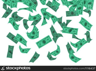 Falling money. Flying green banknotes isolated on white, flat cash confetti, lottery winning concept. Vector illustration banner earning money background. Falling money. Flying green banknotes isolated on white, flat cash confetti, lottery winning concept. Vector earning money background