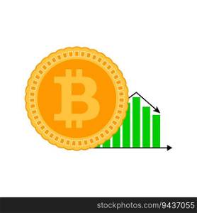 Falling of course bitcoin. Vector flat bitcoin money falling, financial cryptocurrency diagram illustration. Falling of course bitcoin