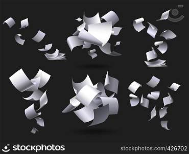Falling paper sheets. Flying papers pages, white sheet documents and blank document page on wind. Fly scattered notes, empty chaotic paperwork. Isolated vector illustration signs set. Falling paper sheets. Flying papers pages, white sheet documents and blank document page on wind isolated vector illustration set