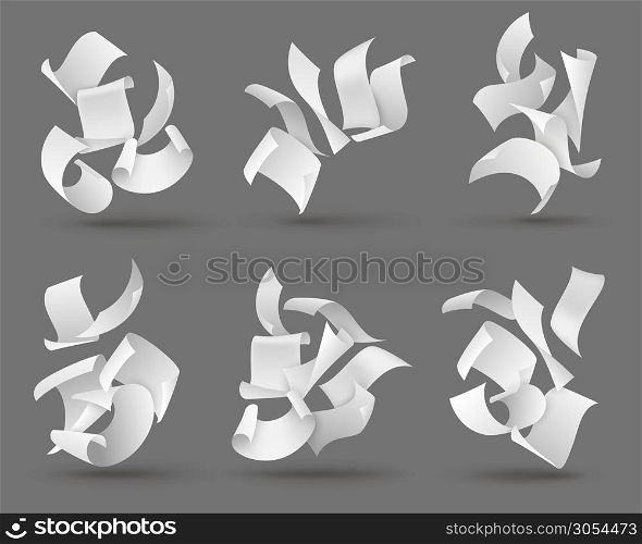 Falling paper sheets. White flying papers with curved corners. Blank document pages, chaotic paperwork. Fly scattered notes vector set of letters in air. Falling paper sheets. White flying papers with curved corners. Blank document pages, chaotic paperwork. Fly scattered notes vector set