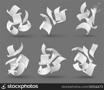 Falling paper sheets. White flying papers with curved corners. Blank document pages, chaotic paperwork. Fly scattered notes vector set of letters in air. Falling paper sheets. White flying papers with curved corners. Blank document pages, chaotic paperwork. Fly scattered notes vector set