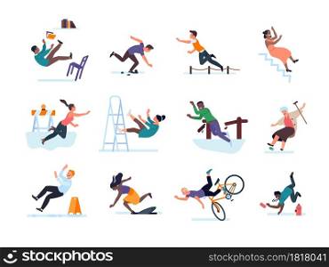 Falling people accidently. Obstacles on way, emergency traumatic situations, loss of balance and bruises, men and women drop in the floor or stairs and stumble. Colorful vector set of reasons to fall for sign of dangerous. Accidently falling people. Vector set of obstacles on way, emergency traumatic situations, loss of balance and bruises, men and women stumble