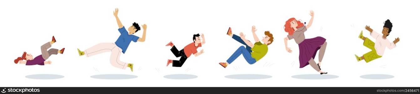 Falling people, clumsy male and female characters fall down due to stumbling, slipping on wet floor, accident, injury, danger, risk, bad luck, misfortune Linear cartoon flat vector illustration, set. Falling people, clumsy characters fall down set