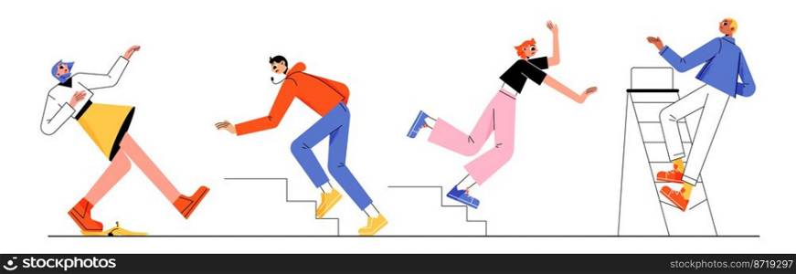 Falling people, clumsy male and female characters fall down from stairs, stumble, slipping on banana peel. Accident, injury, danger, risk, bad luck, misfortune Linear cartoon flat vector illustration. Falling people, clumsy characters fall down set