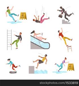 Falling people. Fall down stairs, slipping wet staircase, stumbling man injured, dangerous dropping from chair, accident vector flat cartoon characters. Falling people. Fall down stairs, slipping wet staircase or floor, stumbling man injured, dangerous dropping from chair, accident vector flat cartoon isolated characters