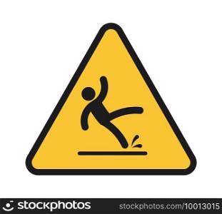 Falling people. Person injury slipping on wet floor. Triangular yellow warning sign, unbalanced man black simple silhouette slips and fall down, danger symbol vector isolated single illustration. Falling people. Person injury slipping on wet floor. Triangular yellow warning sign, unbalanced man black simple silhouette slips and fall down, danger symbol vector illustration