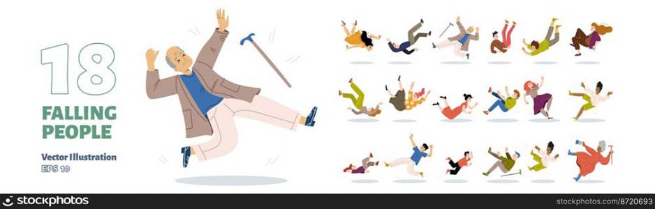Falling people set, senior and young characters fall down in ridiculous postures due to wet floor, clumsiness, danger accident, men and women slip or stumble. Linear cartoon flat vector illustration. Falling people set, senior young characters fall