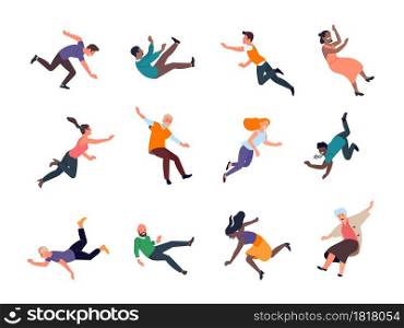 Falling people. Stumbling and slipped women and men different poses, dangerous traumatic situations, slipping common caution or accidents on walk vector set. Falling people. Stumbling and slipped women and men different poses, dangerous traumatic situations, common accidents on walk. Vector set