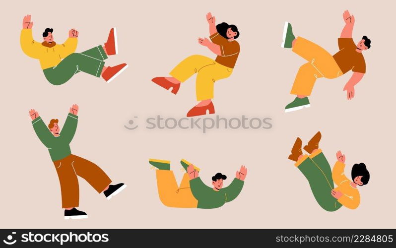 Falling people, unhappy male and female characters fall down due stumbling, slipping, accident, injury, danger, risk, mental disorder, loneliness men and women in air Line art vector illustration, set. Falling people, unhappy characters fall down set