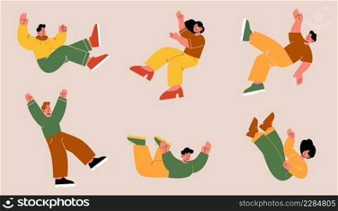Falling people, unhappy male and female characters fall down due stumbling, slipping, accident, injury, danger, risk, mental disorder, loneliness men and women in air Line art vector illustration, set. Falling people, unhappy characters fall down set