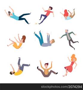 Falling persons. Old people fall on wet floor danger situations crash characters pain legs exact vector illustrations. Falling man or woman, drop dangerous, setback damaged. Falling persons. Old people fall on wet floor danger situations crash characters pain legs exact vector illustrations